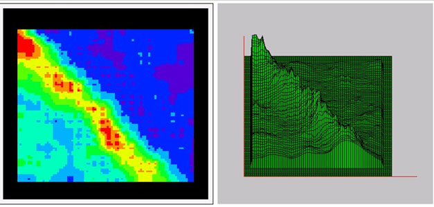 圖-2 Fe-K元素分布（bù）分析結果(左（zuǒ）圖：2次元表（biǎo）示 右圖：3次元表（biǎo）示)